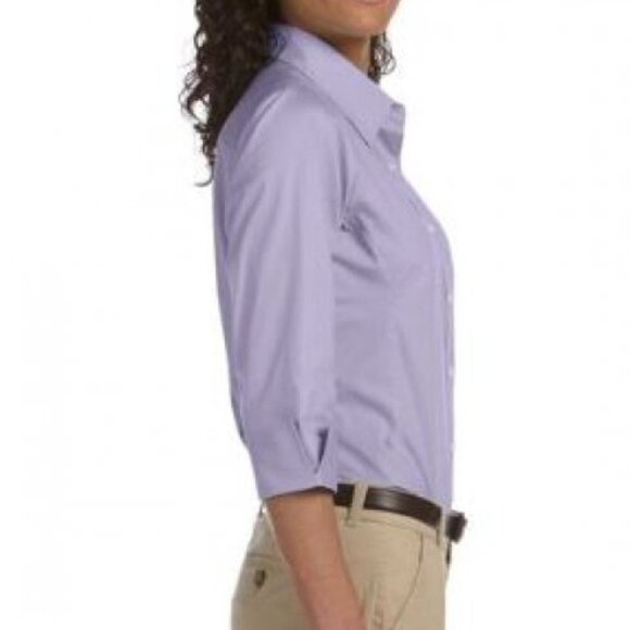 Devon & Jones Women's S Poplin Stretch 3/4 Sleeve Button Blouse Azalea Purple Sm - Picture 3 of 4